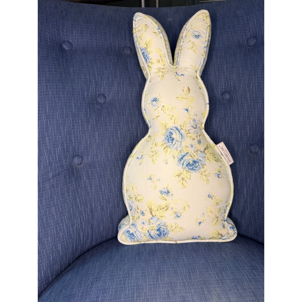 Shabby Chic Bunny Shaped Decorative Pillow Blue Yellow Floral Rose Pom Pom‎ Tail